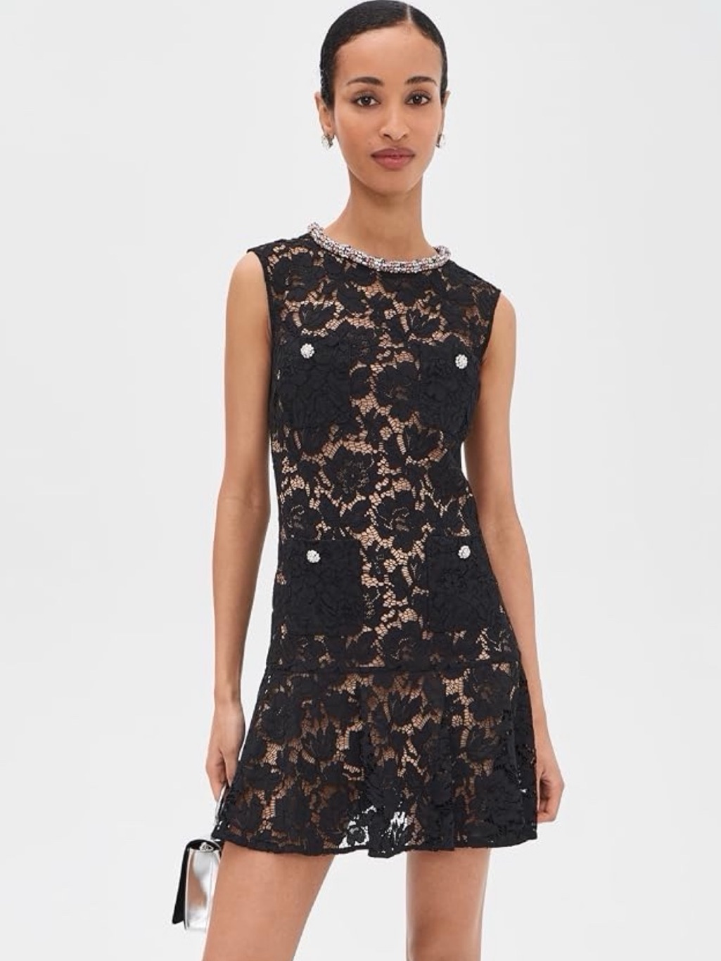 Self-Portrait Black Lace Mini Dress With Crystal Trim